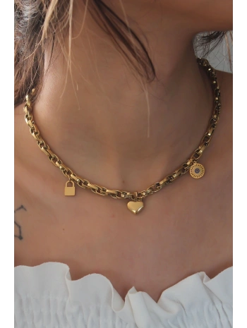 Çelik Gold Renk Kalın Zincir Model Kalp Figür Kadın Kolye