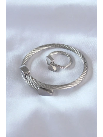 Çelik Gümüş Renk Burgu Model Erkek Bileklik Yüzük Seti