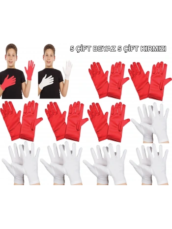 Çocuk Gösteri Eldiven Seti – 5 Çift Beyaz &amp;amp; 5 Çift Kırmızı (5047)