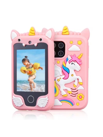 Çocuklar İçin Eğitici Telefon Dokunmatik Ekran Çift Kameralı Fenerli Müzik Çalar Oyun Video Pembe