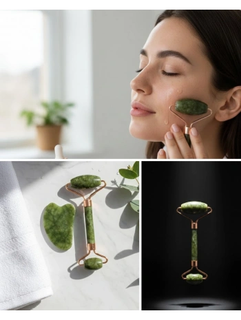 Doğal Yeşim Roller ve Gua Sha Yüz Şekillendirme Seti