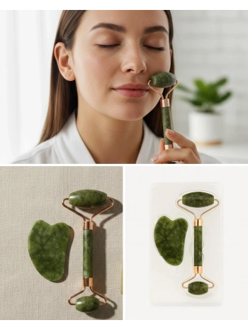 Doğal Yeşim Taşı Yüz Masaj Roller ve Gua Sha Seti 2 Parça