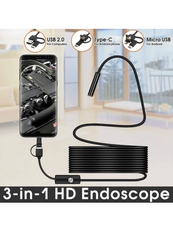 Endoskop 3 in 1 Yılan Kamera USB Micro Usb Type-C 5M Sert Kablo