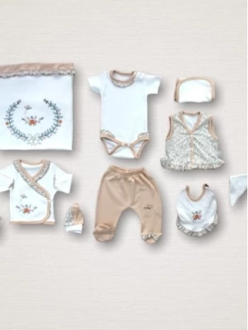 Erguvan Taç Nakışlı %100 Cotton Antibakteriyel Kız Bebek 10lu Zıbın Takımı Hastane Çıkışı