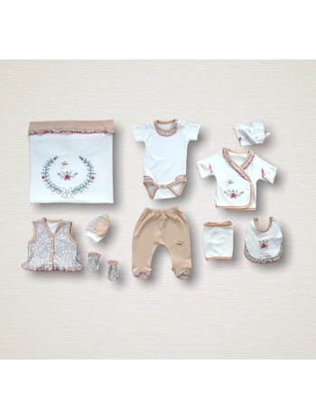 Erguvan Taç Nakışlı %100 Cotton Antibakteriyel Kız Bebek 10lu Zıbın Takımı Hastane Çıkışı