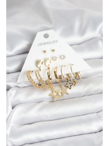 Gold Renk Yıldızlı Set 6 Çift Kadın Küpe Seti