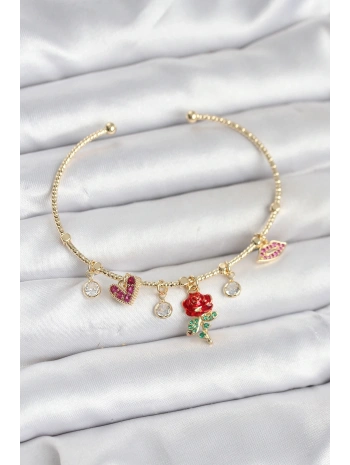 Gül Charmlı Gold Renk Pirinç Kadın Bileklik