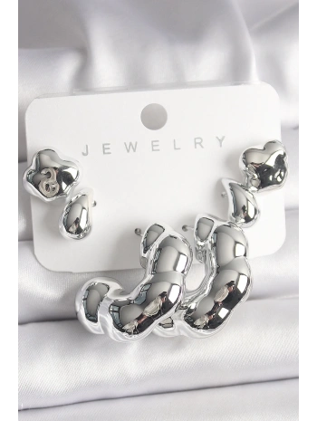 Gümüş Renk Yonca Damla Halka Model CCB Plastik Kadın Küpe Seti