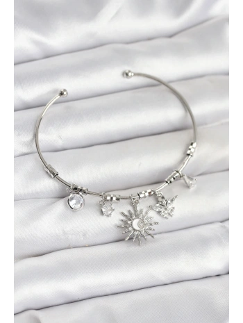 Güneş Charmlı Gümüş Renk Pirinç Kadın Bileklik