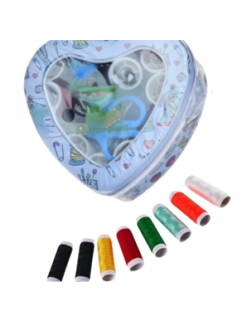 İplik Set Teneke Kutu Kalpli Dikiş Seti