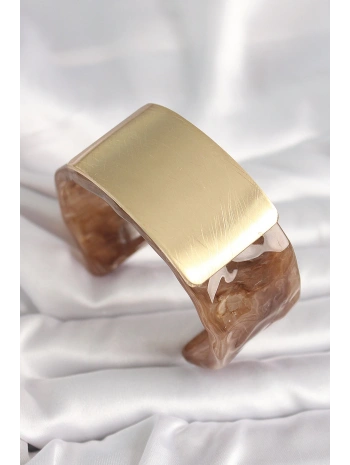 Kahverengi Mermer Desen Akrilik Platik Gold Dikdörtgen Plaka Model Vintage Kadın Bilezik
