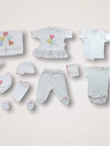 Kalpli Uçan Balon Nakışlı %100 Cotton Antibakteriyel 10lu Zıbın Takımı Hastane Çıkışı
