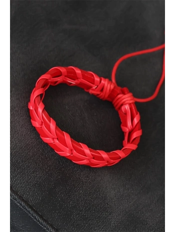 Kırmızı Örgü Deri Erkek Bileklik