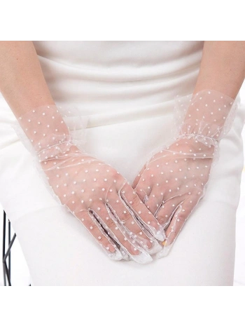 Kısa Boy Güpürlü Beyaz Puantiyeli Tül Eldiven Beyaz Renk (5047)