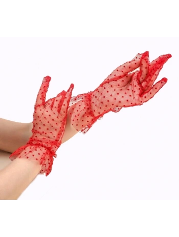 Kısa Boy Güpürlü Kırmızı Puantiyeli Tül Eldiven Kırmızı Renk (5047)