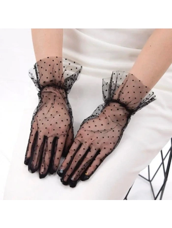 Kısa Boy Güpürlü Siyah Puantiyeli Tül Eldiven Siyah Renk (5047)