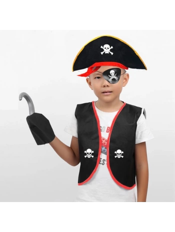 Korsan Yelek + Şapka + Kanca + Maske Çocuk Boy 4-6 Yaş