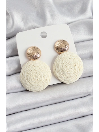 Krem Daire Figürlü Hasır Örgü Model Gold Renk Kadın Küpe