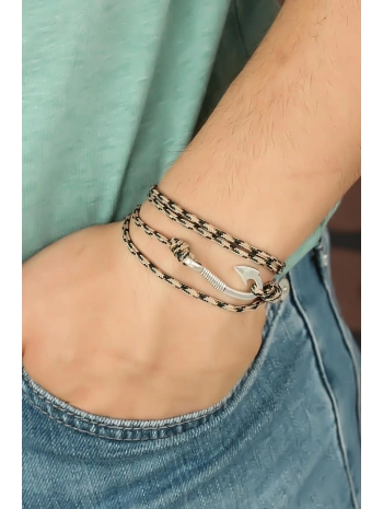 Krem Renk Çizgi Desenli Metal Kancalı Erkek Bileklik