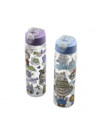 LABUBU ÇOCUK ÇİZGİ FİLM KARAKTER RESİMLİ SU MATARASI ŞEFFAF PLASTİK PİPETLİ KİLİTLİ KAPAK (5047)