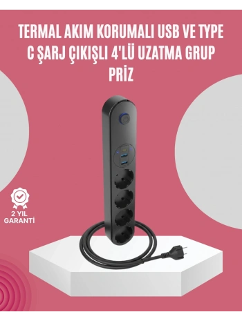 Led Anahtarlı Akım Korumalı Çoklu Priz 4 Priz 3 USB Girişli