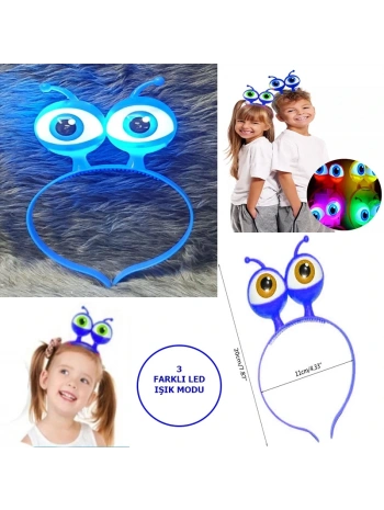 Led Işıklı &amp;amp; Pilli 3 Farklı Modda Yanan Uzaylı Göz Parti Tacı Mavi Renk 18x12 cm (5047)