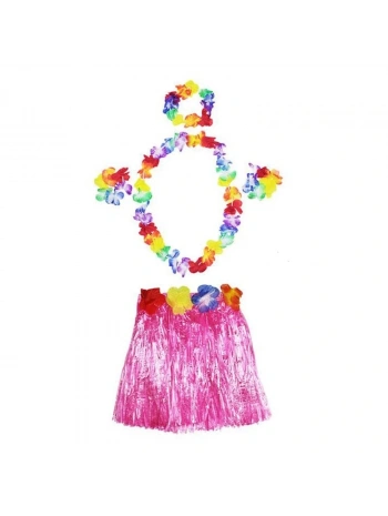Luau Aloha Hawaii  Kolye Etek Taç ve Bileklik Seti Pembe (5047)