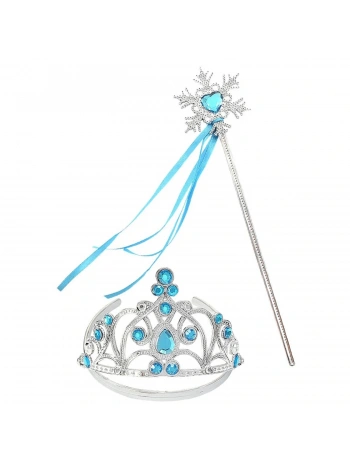 Mavi Taşlı Elsa Çocuk Taç ve Kar Temalı Kurdeleli Elsa Asası Sopası (5047)