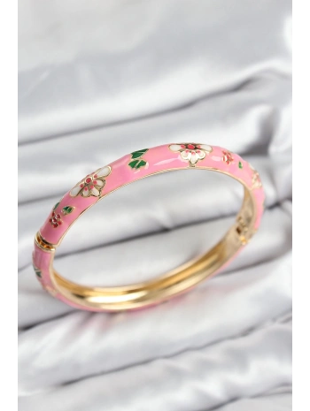 Mineli Pirinç Pembe Çiçek Motifli Gold Kadın Kelepçe