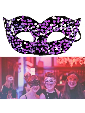Mor Renk Arkadan Lastikli Pul Payet İşlemeli Balo After Parti Maskesi (5047)