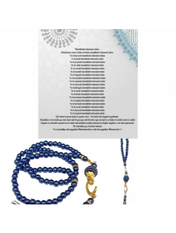 Namaz Tesbihi Vavlı 99lu Cam İncili 35 Besmele-i Şerif Dua Kartı İle Lacivert Renk Hediyelik