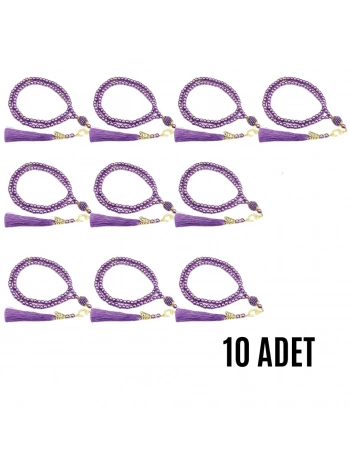 Namaz Tesbihi Vavlı 99lu Cam İncili Esmaul Hüsna Dua Kartı İle Mor Renk Hediyelik 10 Adet