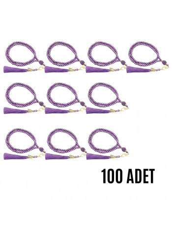 Namaz Tesbihi Vavlı 99lu Cam İncili Esmaul Hüsna Dua Kartı İle Mor Renk Hediyelik 100 Adet
