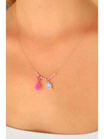 Nazar Boncuklu Pembe Renk Taşlı Rose Bayan Kolye