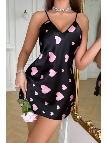 Pembe Kalp Desenli Siyah Saten Gecelik