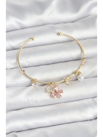 Pembe Kelebek Charmlı Gold Renk Kadın Bileklik