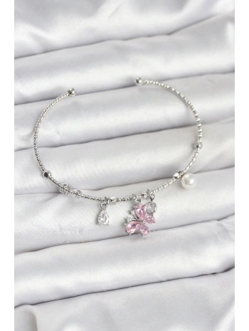 Pembe Kelebek Charmlı Gümüş Renk Kadın Bileklik