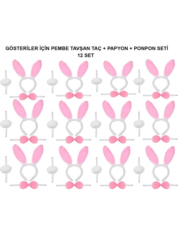 Pembe Tavşan Kostüm Seti – Taç, Papyon, Ponpon (12’li Paket)