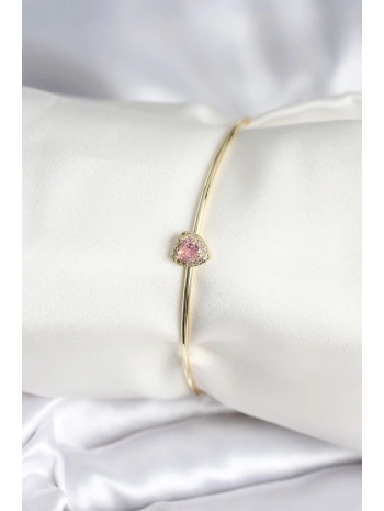 Pembe Zirkon Taşlı Kalp Model Gold Renk Kadın Bileklik
