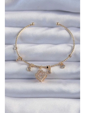 Pirinç Altın Renk Zirkon Taşlı Yonca Model Charm Bileklik