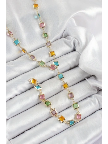 Pirinç Asorti Kare Model Gold Renk Zirkon Taşlı Y Kolye