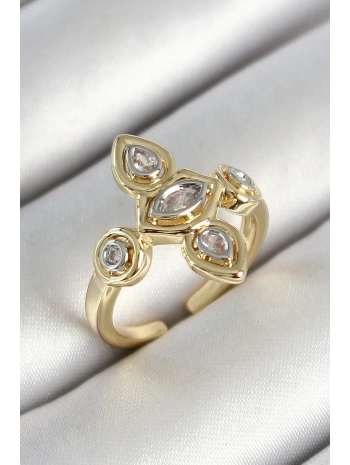Pirinç Beş Taş Trend Figür Zirkon Taşlı Gold Renk Ayarlanabilir Kadın Yüzük