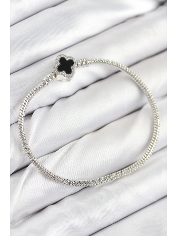 Pirinç Charm Zirkon Taşlı Yonca Model Gümüş Renk Kadın Bileklik