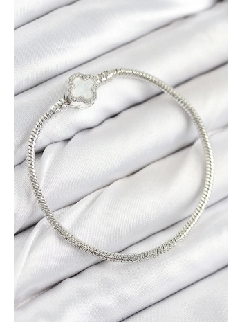 Pirinç Charm Zirkon Taşlı Yonca Model Gümüş Renk Kadın Bileklik