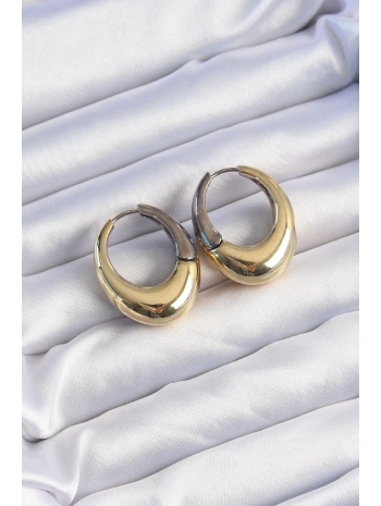 Pirinç Gold Gümüş Renkli Oval Bombeli Küpe