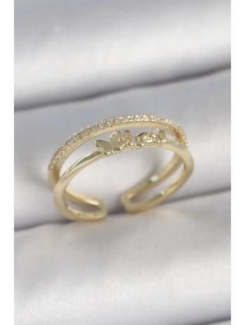 Pirinç Gold Renk 2Li Sıra Zirkon Taş Detaylı Kelebek Figürlü Ayarlanabilir Model Kadın Yüzük