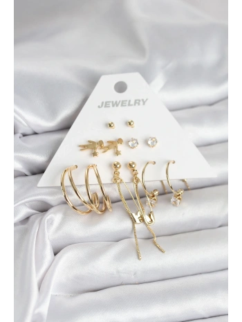Pirinç Gold Renk 6 Çiftli Kadın Küpe Seti