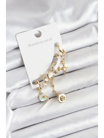 Pirinç Gold Renk Ay Model Kadın Set Küpe