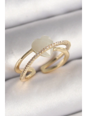 Pirinç Gold Renk Beyaz Kristal Kalp Model Zirkon Taş Detay Kadın Yüzük