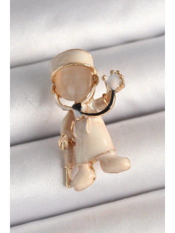 Pirinç Gold Renk Beyaz Mineli Doktor Model Kadın Broş